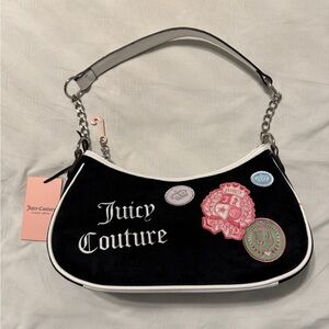Juicy Couture Black Velvet Shoulder Bag with Pink and Green Patch Accents